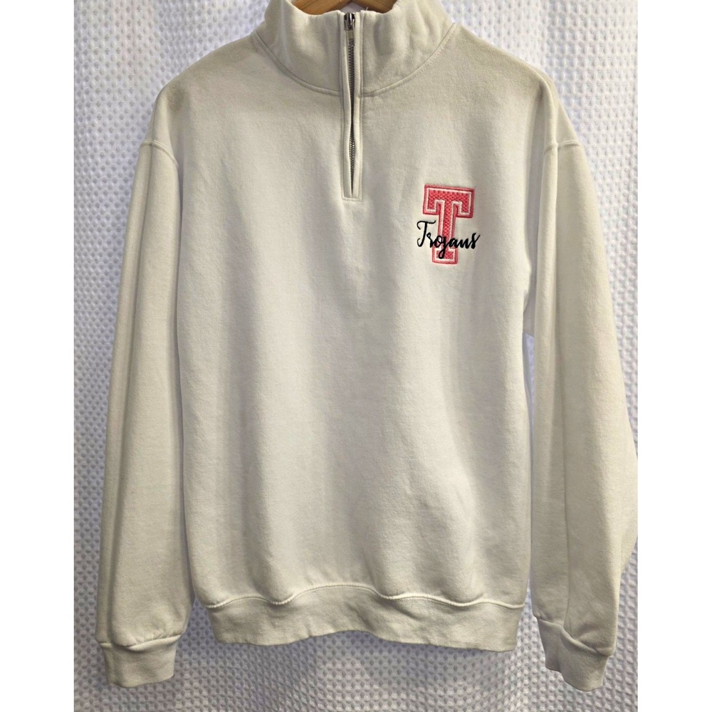 Trojans White 1/4 Zip Sweatshirt Pullover Pink Embroidered Logo Women Medium